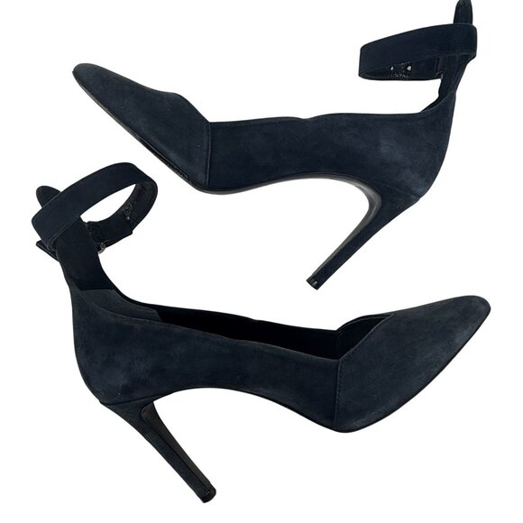 Maje Blue Suede Heels Detachable Brown Faux Fur Cuffs Pointed Toe 37 US 6.5 - Picture 2 of 12